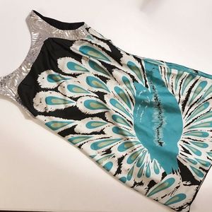 Tricia Fix Peacock Print Low Back Sheath Dress